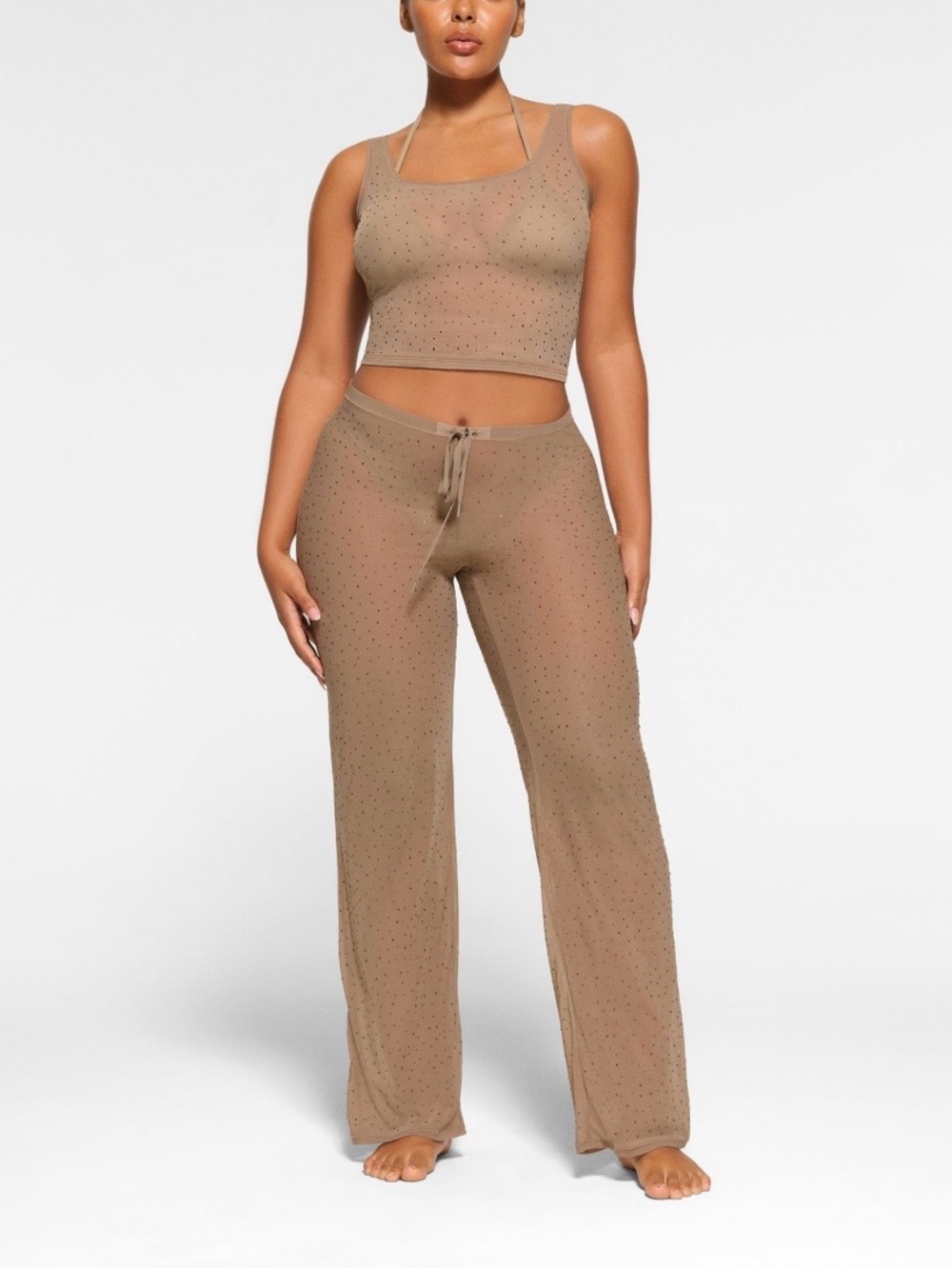 Skims Nude Neutral Mesh Rhinestone Swim Cover Up Straight Leg Pants Size XL